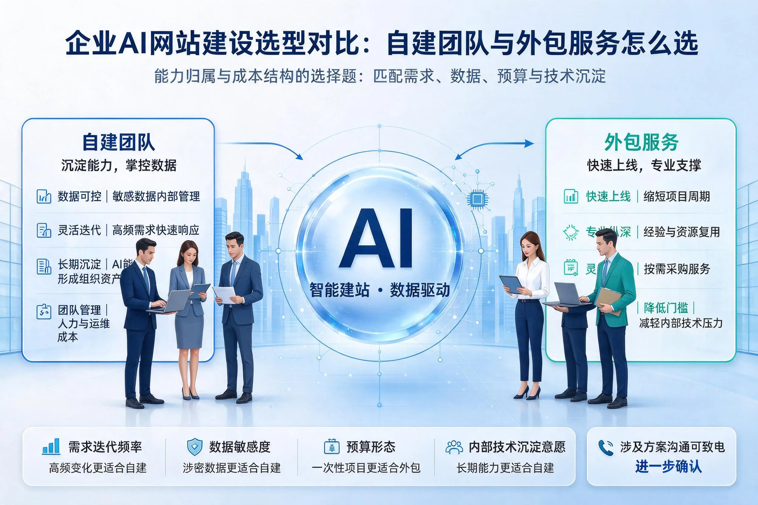 天津企业AI网站建设选型对比:自建团队与外包服务怎么选